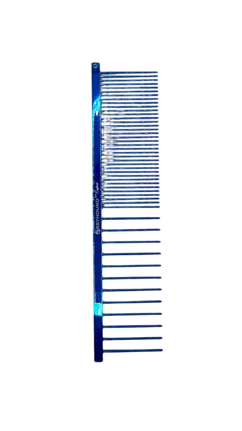 The Greyhound Beast Collection features a 7.6"L x 1.8"W coarse/fine tine combination design making it ideal for fluffing furnishings, heads, and long-coats. These combs are available in the most popular of the "Candy" color scheme. These patented combs are hand drilled and polished using brass spines with carbon steel tapered tines before the colored finishes are applied. Each Greyhound comb features hand-rounded spines and a long-lasting anti-static finish. Blue