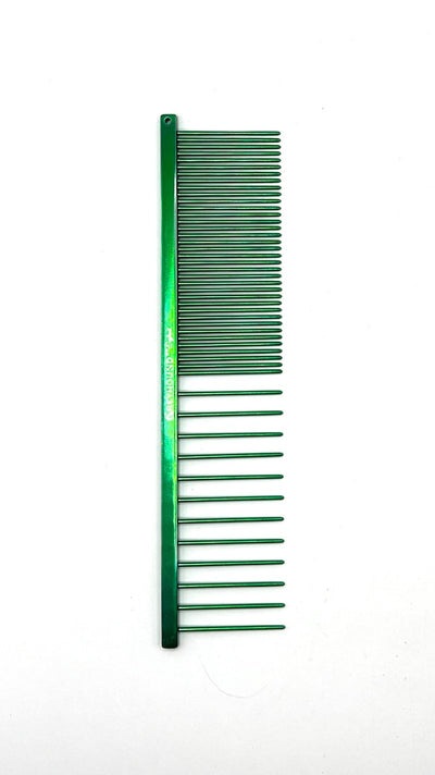 The Greyhound Beast Collection features a 7.6"L x 1.8"W coarse/fine tine combination design making it ideal for fluffing furnishings, heads, and long-coats. These combs are available in the most popular of the "Candy" color scheme. These patented combs are hand drilled and polished using brass spines with carbon steel tapered tines before the colored finishes are applied. Each Greyhound comb features hand-rounded spines and a long-lasting anti-static finish. Green