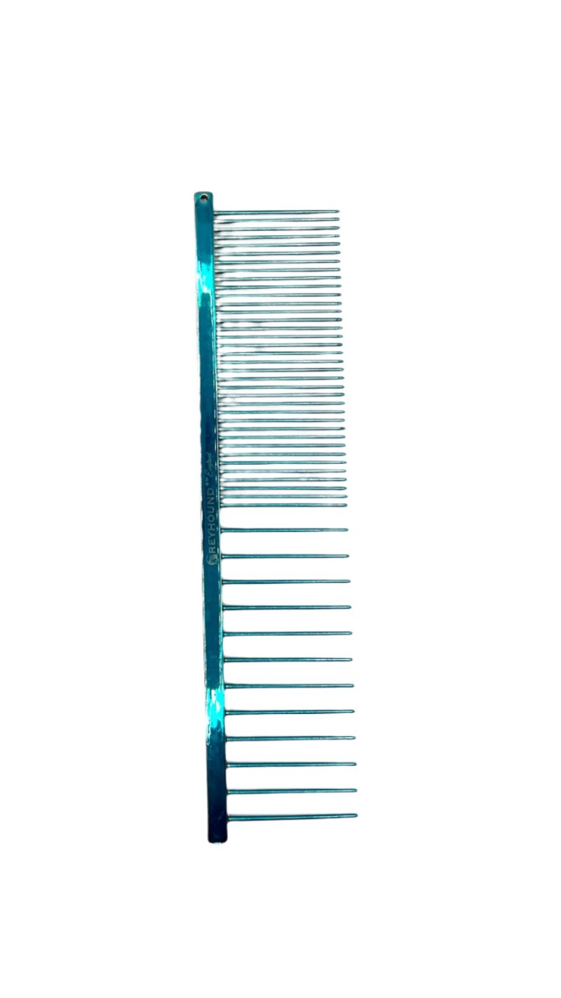 The Greyhound Beast Collection features a 7.6"L x 1.8"W coarse/fine tine combination design making it ideal for fluffing furnishings, heads, and long-coats. These combs are available in the most popular of the "Candy" color scheme. These patented combs are hand drilled and polished using brass spines with carbon steel tapered tines before the colored finishes are applied. Each Greyhound comb features hand-rounded spines and a long-lasting anti-static finish. Teal.