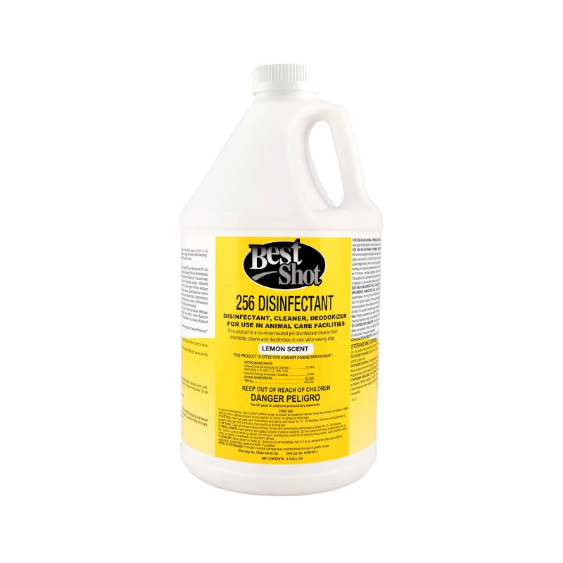 256 Disinfectant by Best Shot is a concentrated disinfectant that cleans and deodorizes general surfaces and tools using a non-corrosive pH neutral formula that is effective against a broad-spectrum of viruses, bacteria and fungus. Safe to use on combs, scissors, clipper blades, nail trimers and carpets. Lemon Fragrance.