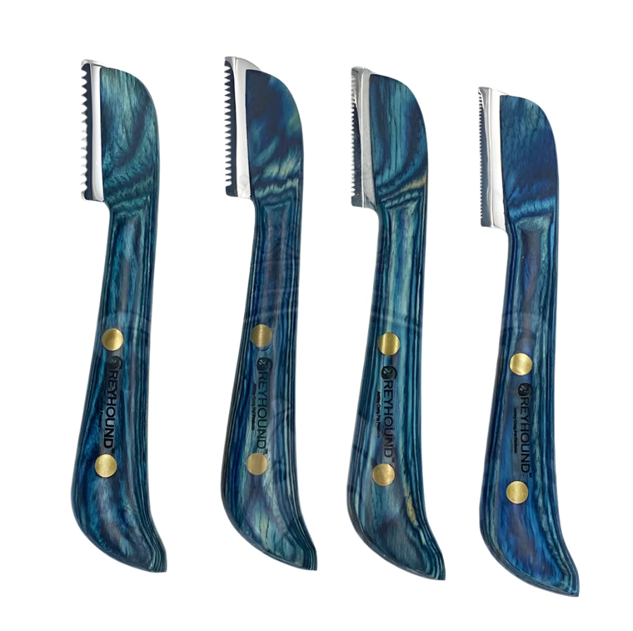 These carding tools by Greyhound were designed 20 years ago with industry expert input for their effectiveness with various coat types. The ergonomic wood handle is created to maximize comfort with a smooth finish wrapped around 3 sides. This set is for Right Hand dominant users. Left Hand dominant tools are available upon request.