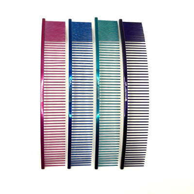 The Ashley Craig ARC Greyhound Comb Collection give you superior styling control. These curved combs work great for finishing work and hard to reach places specifically for fluffing heads and legs while also ideal for "spray up" styles. These European dual tine medium/fine combs come in fun colors and two sizes. Large all colors.