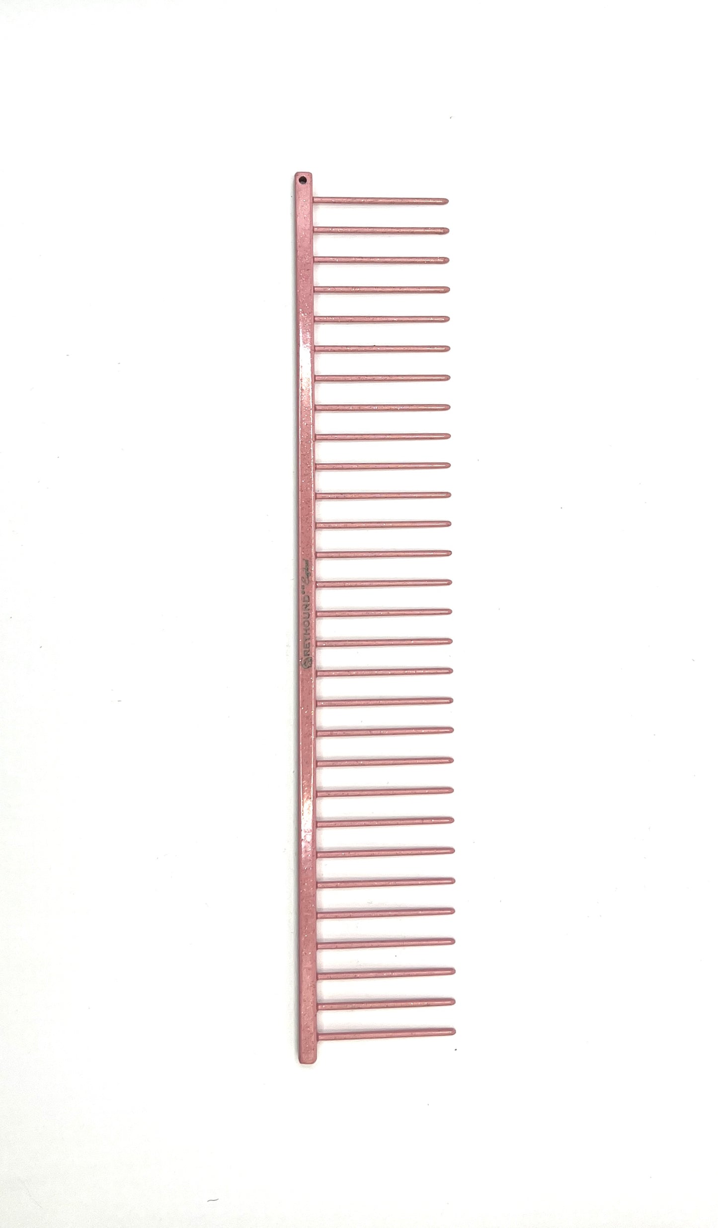 Greyhound Professional Pet Comb' Bitch Collection features a 9.875"L x 1.75"W Extra Extra Coarse tine which gives superior styling control for medium and long coat types. These versatile combs have been a staple of the pet grooming industry for over 100 years, and are available in the Sparkle Color Collection, Dior Pink Sparkle.