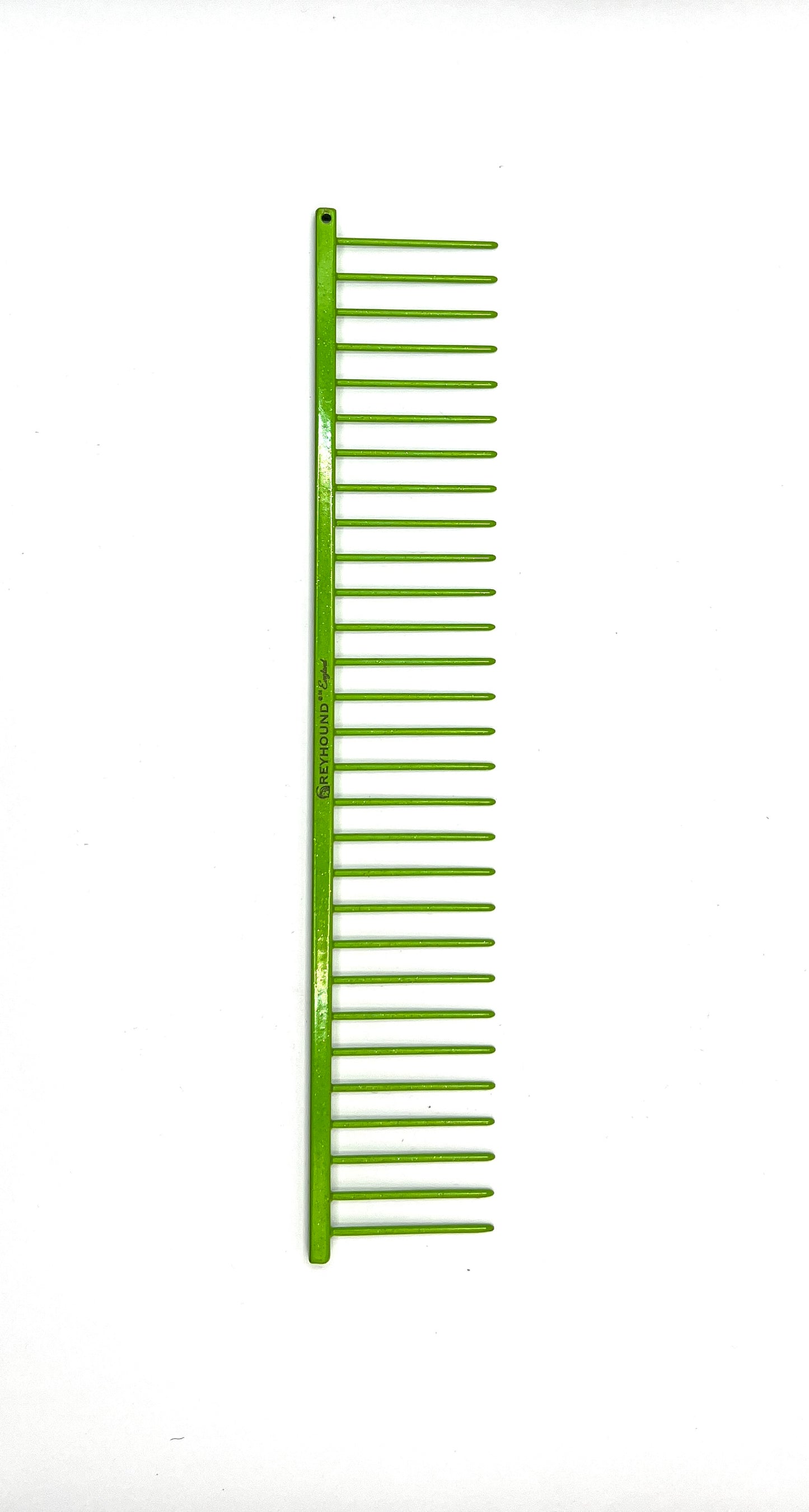 Greyhound Professional Pet Comb' Bitch Collection features a 9.875"L x 1.75"W Extra Extra Coarse tine which gives superior styling control for medium and long coat types. These versatile combs have been a staple of the pet grooming industry for over 100 years, and are available in the Sparkle Color Collection, Lime Sparkle.