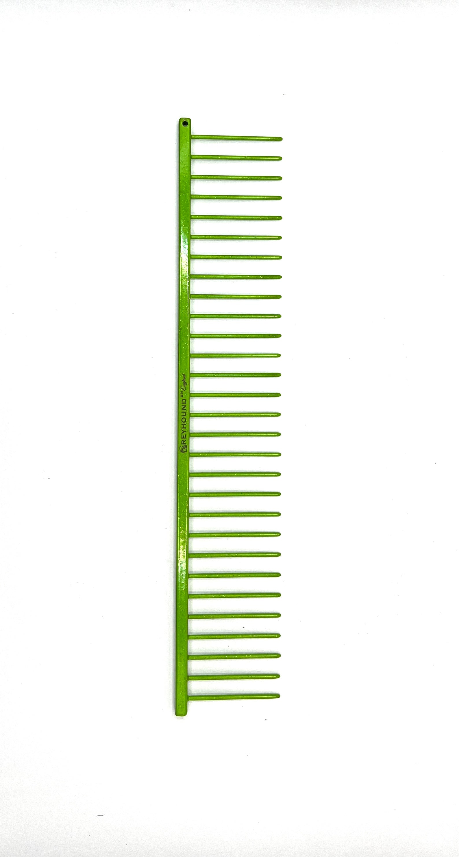 Greyhound Professional Pet Comb' Bitch Collection features a 9.875"L x 1.75"W Extra Extra Coarse tine which gives superior styling control for medium and long coat types. These versatile combs have been a staple of the pet grooming industry for over 100 years, and are available in the Sparkle Color Collection, Lime Sparkle.