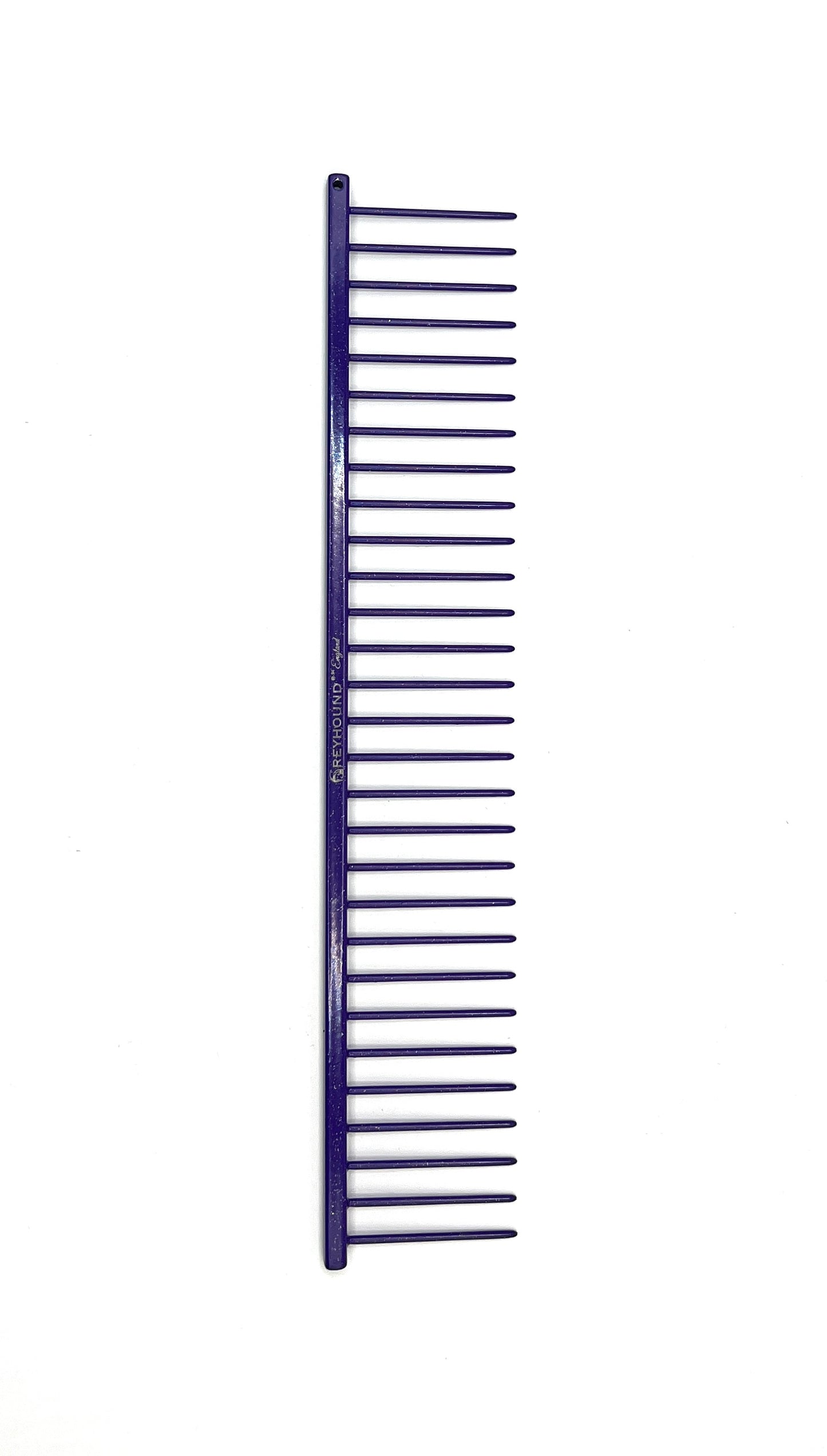 Greyhound Professional Pet Comb' Bitch Collection features a 9.875"L x 1.75"W Extra Extra Coarse tine which gives superior styling control for medium and long coat types. These versatile combs have been a staple of the pet grooming industry for over 100 years, and are available in the Sparkle Color Collection, Purple Sparkle.