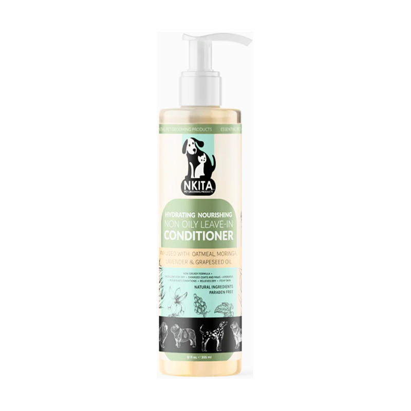 Nkita Leave in Conditioner is a non-greasy formula incorporating Moringa, Coconut, Grape Seed Oil, and Oatmeal to effectively hydrate, moisturize, and condition any pet skin and coat type.