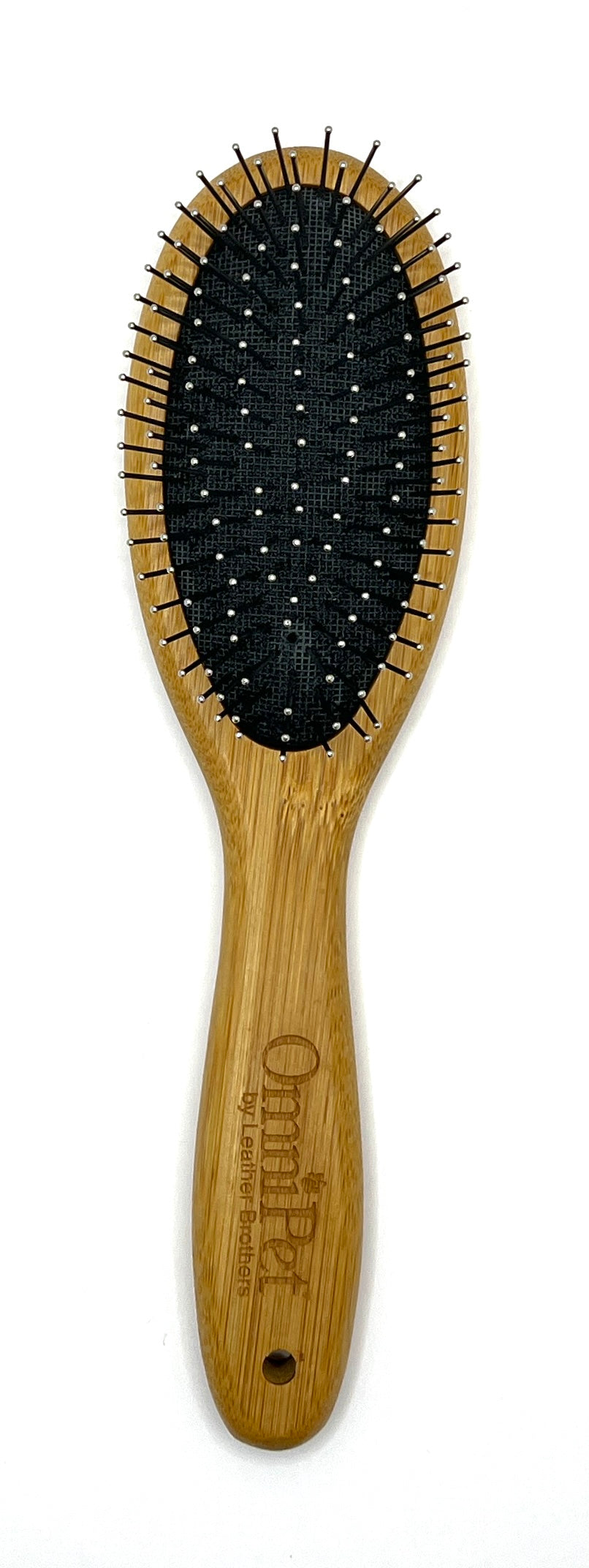 Pro-Finish™ Pin Brushes are constructed from light weight, natural bamboo that is more water resistant then wood products. The rounded metal tip pins medium spaced and prevent brush burn. These type of brushes work great for dogs with long coats or wire coats to smooth the hair, remove dirt and help with loose tangles. are easy to keep clean and stay more rigid; lift and removal dander and loose coat. Medium.