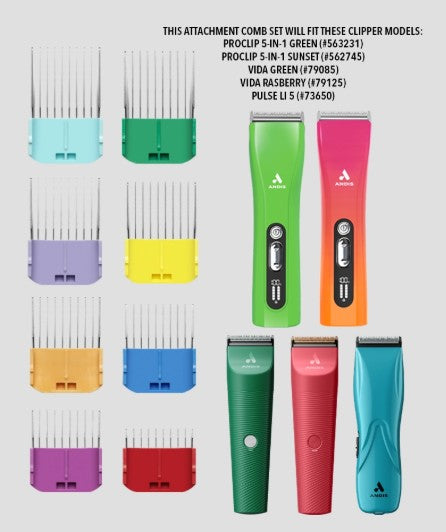 Andis 8-Piece Adjustable Blade Comb Set was created for 5-in-1 clipper models CTA-1 and LCL-2 like the Vida and Pulse Li-5 allowing you to continue to create clean, consistent finishes with lighter equipment. This stainless steel, color-coded 8-piece set includes sizes 1/8" to 1" and fits for smooth, reliable results on all coat types. Model chart.