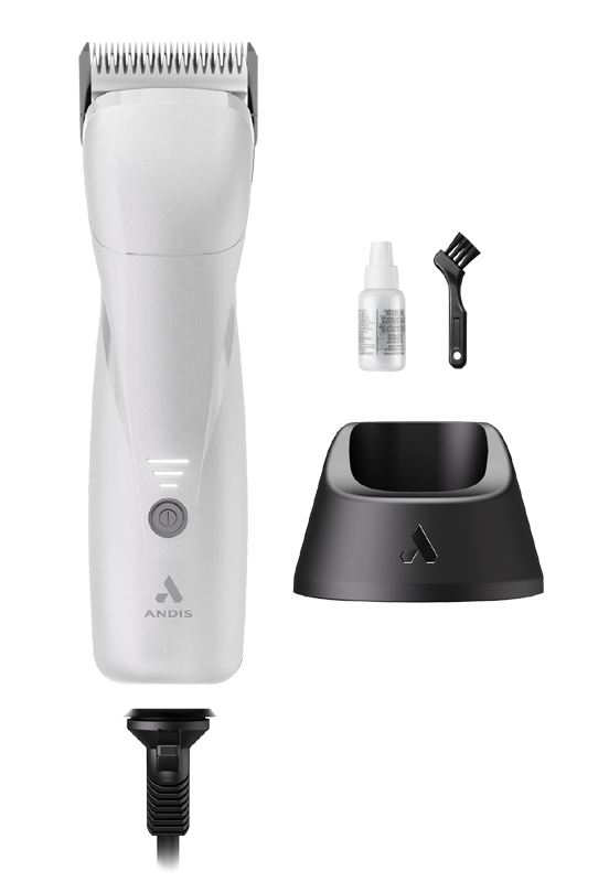 The new Andis Pro eMERGE™ professional pet clipper in London Fog White is now 20% lighter and 15% smaller than the original eMERGE™. The powerful brushless motor achieves 4,500 SPM and works with a detachable blade system with wide compatibility. The cord/cordless uses a revolutionary magnetic, swivel adapter cord that also fits easily in the charging stand. The contoured body includes extra finger grooves and the Lithium-ion Batter allows for up to 1.5 hours operating time. Package contents.