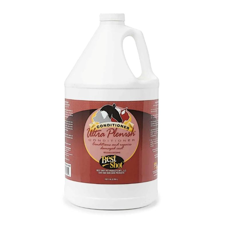 Ultra Plenish conditioner by Best Shot repairs, hydrates and seals the coat by closing lifted cuticle scales along each hair strand allowing custom conditioning. This advanced cationic conditioning formulation utilizes enhancing silk amino acids to strengthen and moisturize while producing shine and improving texture.