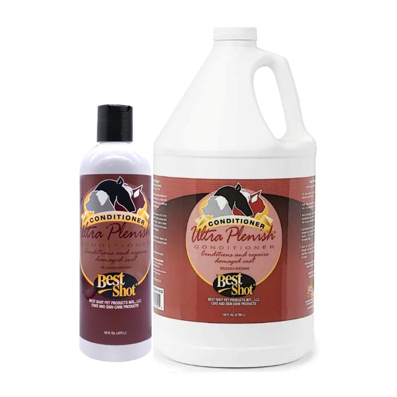 Ultra Plenish conditioner by Best Shot repairs, hydrates and seals the coat by closing lifted cuticle scales along each hair strand allowing custom conditioning. This advanced cationic conditioning formulation utilizes enhancing silk amino acids to strengthen and moisturize while producing shine and improving texture