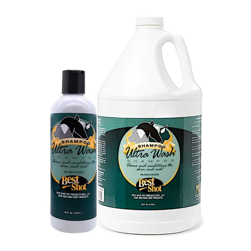 Best Shot Ultra Wash concentrated hypoallergenic, low-suds formula shampoo uses quaternized proteins and advanced cationic conditioning to revive the coat’s current state, enhance its appearance, repair, and postpone any future damage.