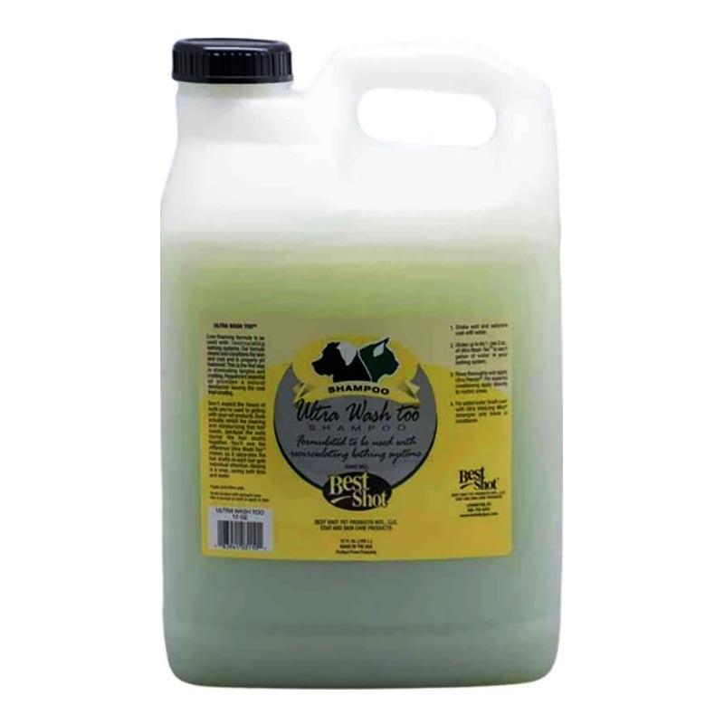 Best Shot Ultra Wash Too concentrated hypoallergenic, low-suds formula works with professional re-circulating bathing pump systems to increase efficiency by minimizing foam build-up saving time while decreasing water and product usage. This formula is based on cat and dog coat science to revive the coat’s current state, enhance its appearance, repair, and postpone any future damage. This shampoo compliments current bathing products or is best used with Best Shot’s 3 Step System. 2.5 Gallon.