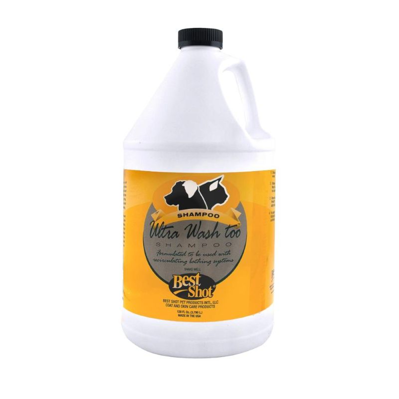 Best Shot Ultra Wash Too concentrated hypoallergenic, low-suds formula works with professional re-circulating bathing pump systems to increase efficiency by minimizing foam build-up saving time while decreasing water and product usage. This formula is based on cat and dog coat science to revive the coat’s current state, enhance its appearance, repair, and postpone any future damage. This shampoo compliments current bathing products or is best used with Best Shot’s 3 Step System. 1 Gallon.