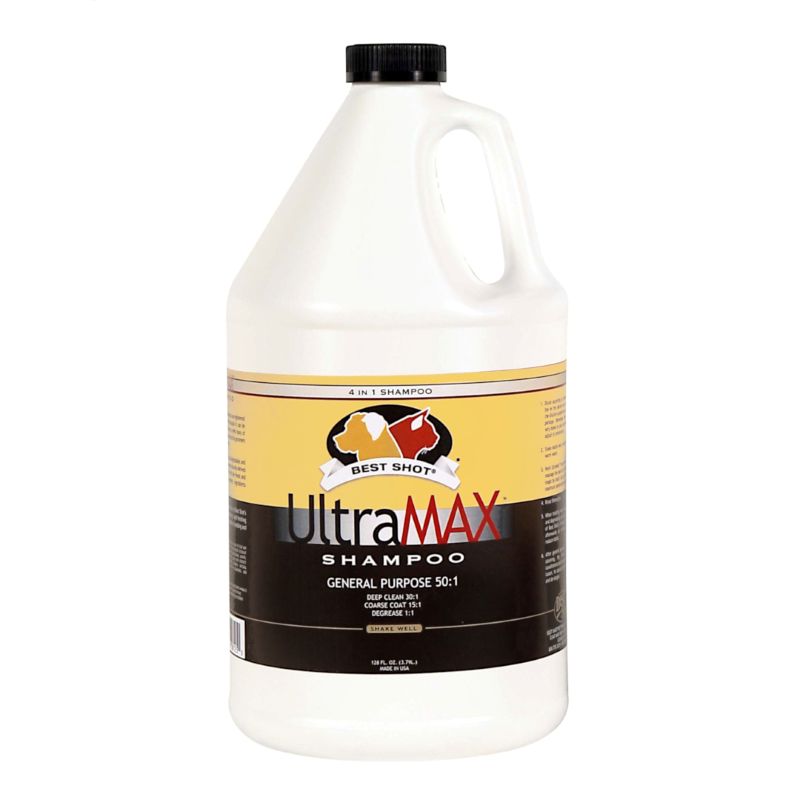Best Shot UltraMAXTm shampoo is an extremely versatile 4-in-1 concentrated shampoo to tackle deep cleaning and degreasing based on concentration levels. This biodegradable formula uses coconut cleansers and hydrolyzed protein combined with hi-grade cosmetic ingredients to revive damaged coat, adds moisture, provides lubricity while strengthening the hair shaft.