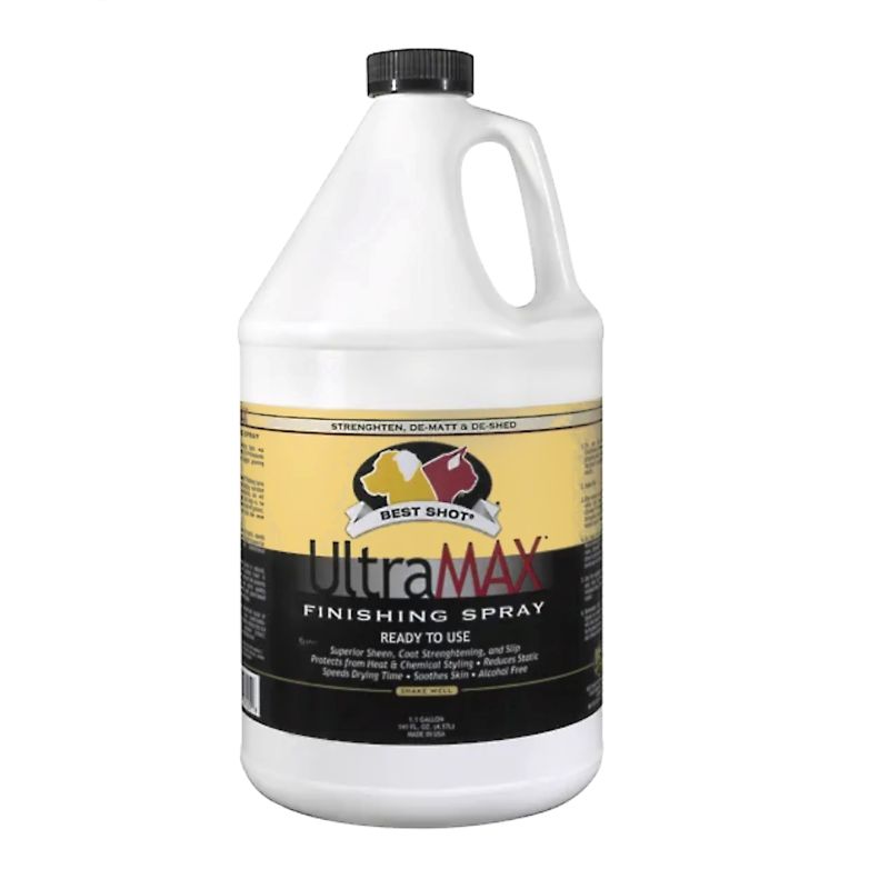 Best Shot UltraMAXTm Pro finishing spray is a leave-in conditioner used to protect coat from heat, flat ironing and chemical color styling. The formula hydrates the coat, soothes the skin while eliminating static and speeding up drying time. The silk proteins strengthen, detangle and create a superior shine. This spray is the final step that helps fully close and smooth the cuticle scales. 1 Gallon.