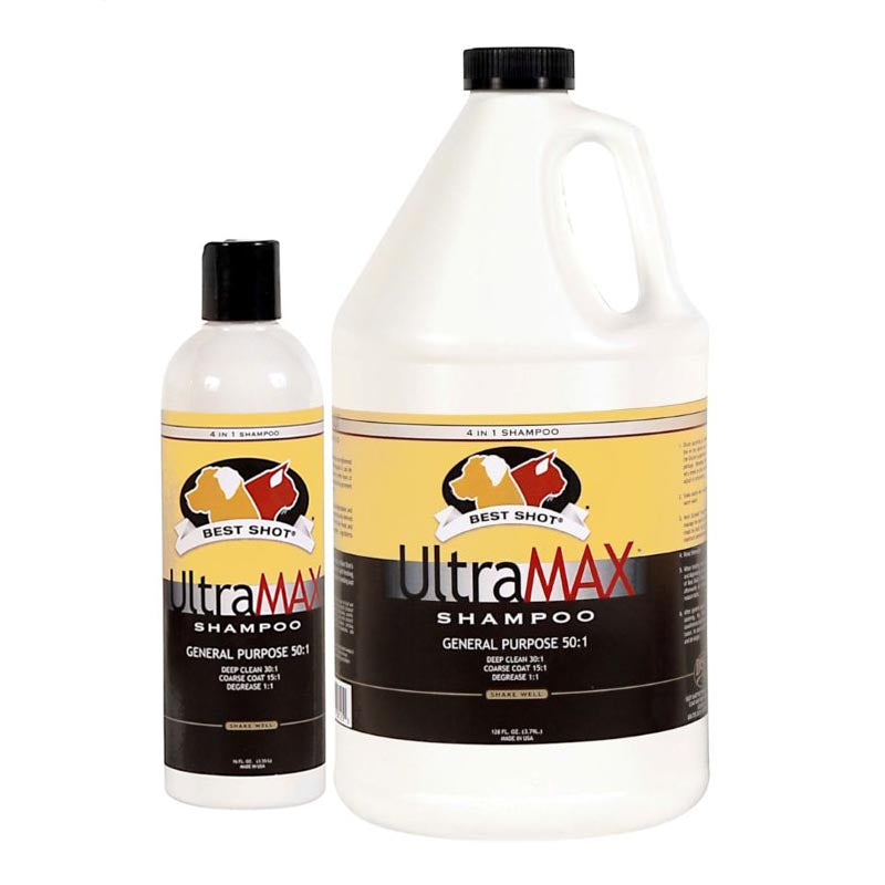 Best Shot UltraMAXTm shampoo is an extremely versatile 4-in-1 concentrated shampoo to tackle deep cleaning and degreasing based on concentration levels. This biodegradable formula uses coconut cleansers and hydrolyzed protein combined with hi-grade cosmetic ingredients to revive damaged coat, adds moisture, provides lubricity while strengthening the hair shaft.