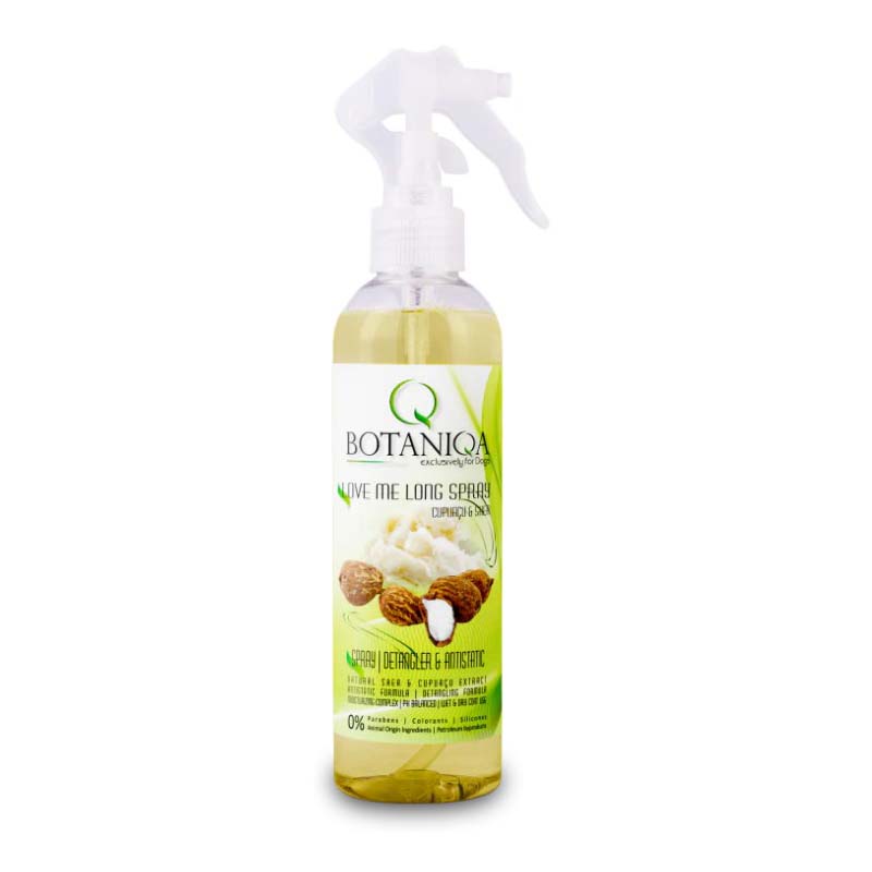 Botaniqa Love Me Long Cupuaca & Shea Spray is an antistatic, de-tangling, moisturizing finishing spray fortified with Cupuacu & Shea extracts to make the coat more manageable making it an ideal brushing solution for medium to long coats. 8.45 fl oz.
