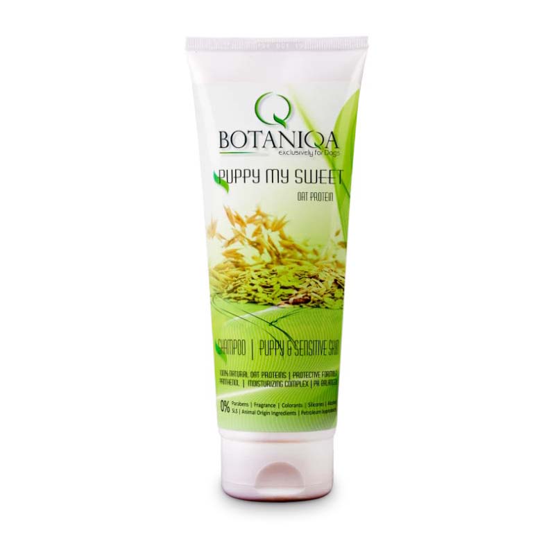 Botaniqa Puppy My Sweet pet shampoo with oat protein is a gentle fragrance and color free formula for puppies 8 weeks and older and for pets with sensitive skin. 8.4 fl oz