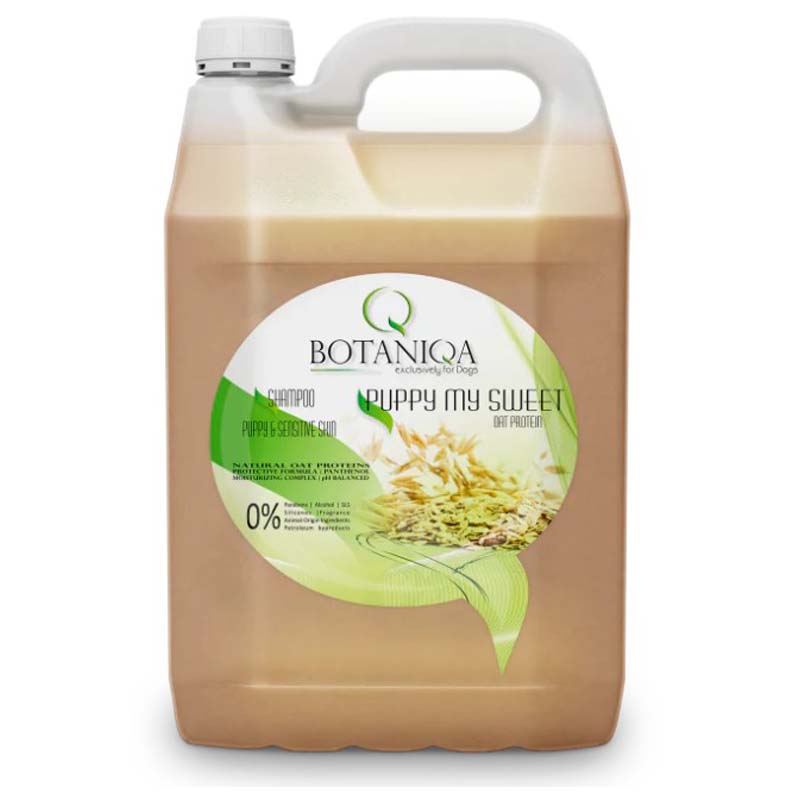 Botaniqa Puppy My Sweet pet shampoo with oat protein is a gentle fragrance and color free formula for puppies 8 weeks and older and for pets with sensitive skin. 1.35 Gallon.