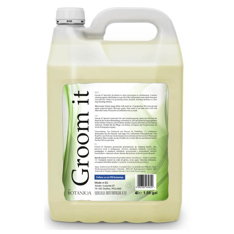 Botaniqa Groom It Line offers general pet shampoos that use the latest cosmetic ingredients to remove dirt, older built-up products and excess oils while leaving the coat smooth and static free. These products are perfect for busy grooming salons, kennels, and boarding facilities. Pair Groom-it shampoos with Botaniqa conditioners for an ideal finish. Choose from a variety of fragrances. Original Frangrance 1.05 Gallons.