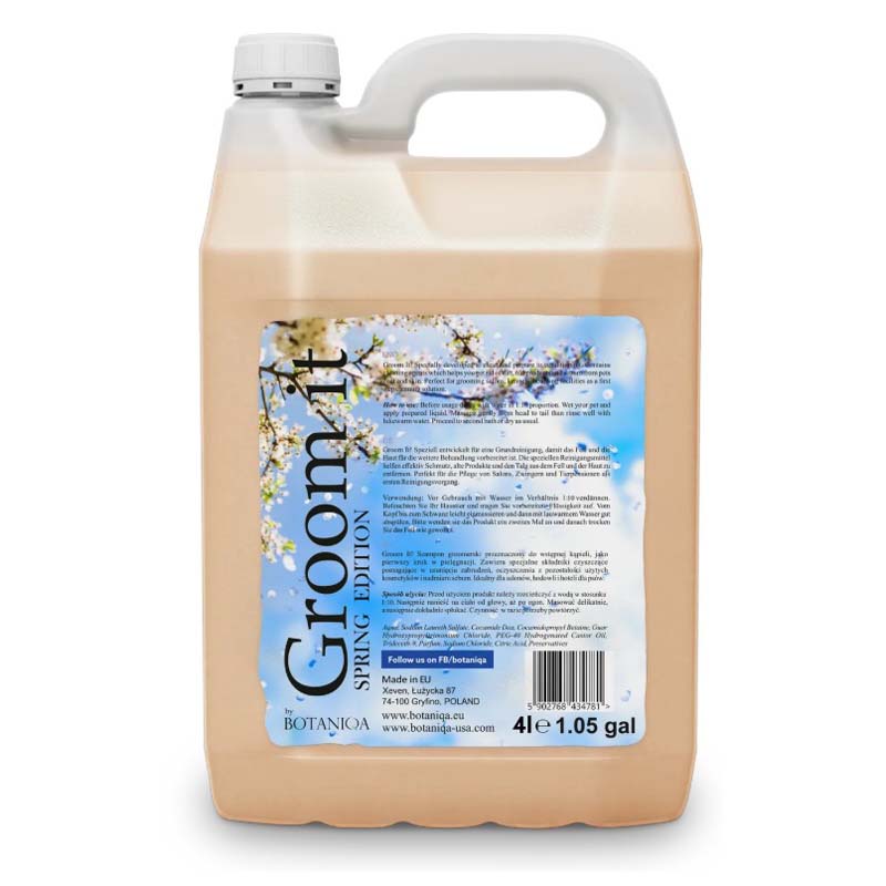 Botaniqa Groom It Line offers general pet shampoos that use the latest cosmetic ingredients to remove dirt, older built-up products and excess oils while leaving the coat smooth and static free. These products are perfect for busy grooming salons, kennels, and boarding facilities. Pair Groom-it shampoos with Botaniqa conditioners for an ideal finish. Choose from a variety of fragrances. Spring Frangrance 1.05 Gallon.