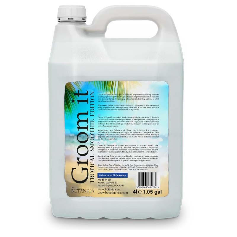 Botaniqa Groom It Line offers general pet shampoos that use the latest cosmetic ingredients to remove dirt, older built-up products and excess oils while leaving the coat smooth and static free. These products are perfect for busy grooming salons, kennels, and boarding facilities. Pair Groom-it shampoos with Botaniqa conditioners for an ideal finish. Choose from a variety of fragrances. Tropical Edt 1.05 Gallon