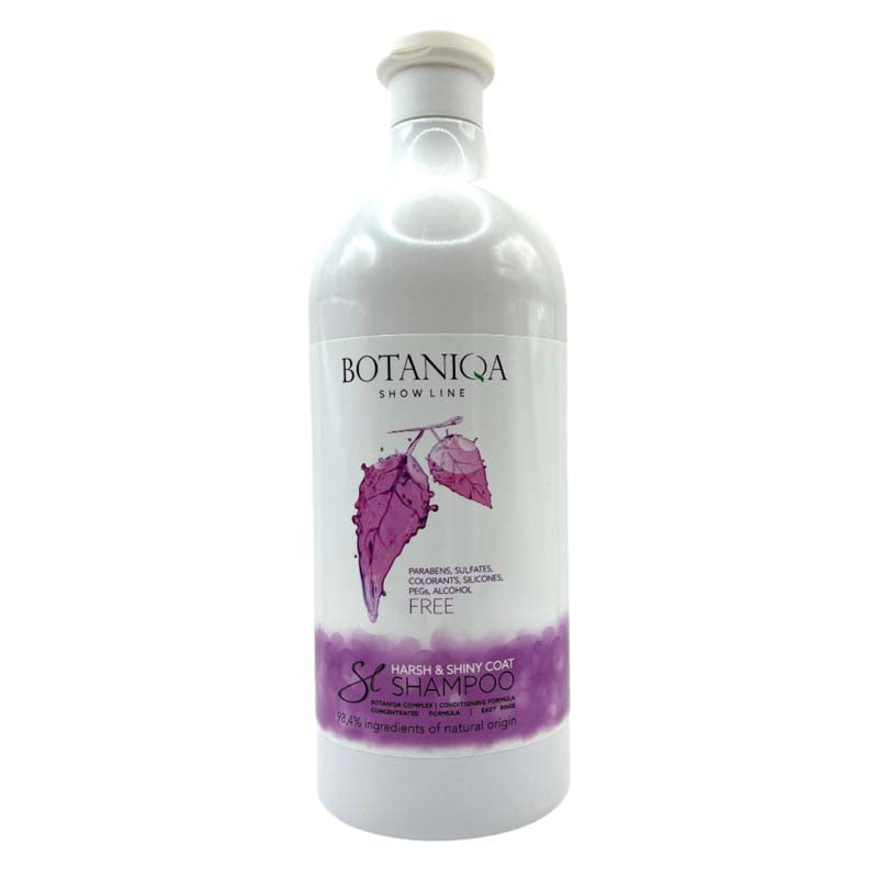 Botaniqa Harsh & Shiny Coat pet shampoo natural cleanses using Soapwort and botanical astringents. Antimicrobial, toning and skin moistening agents (Watercress, Burdock, Sage Leaf and Seaweed), repairs, sooths and moisturizes the skin after hand-stripping without softening the coat giving a vibrant wire coat texture. 33 fl oz.