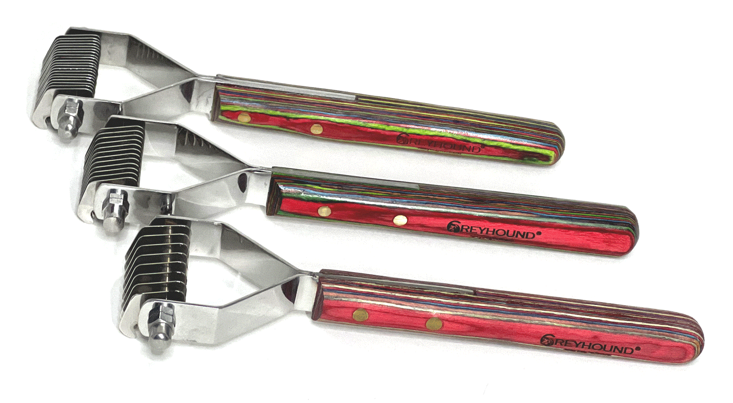 Greyhound Coat Master pet grooming undercoat rakes are the perfect tool for removing dead or thinning layers of undercoat from double coats. The number of blades range from few to many depending on the thickness of the coat. Finer coats require more rake blades versus coarser coats. These grooming rakes are durably made from Malaysian Hardwood and Stainless Steel. 8, 12 and 20 blades
