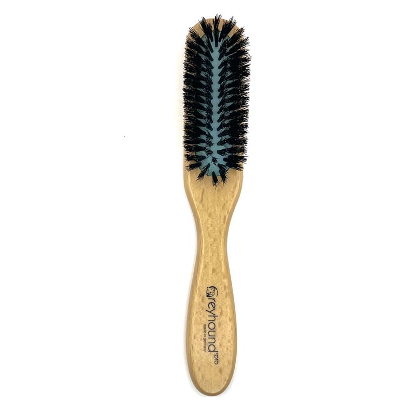 The Greyhound Professional Pet Boar Brushes have a smooth ergonomic wood handle and range in sizes and shapes. The tufted 100% boar bristle construction allows for a stronger bristle that penetrates deeper into coat. Rectangle.