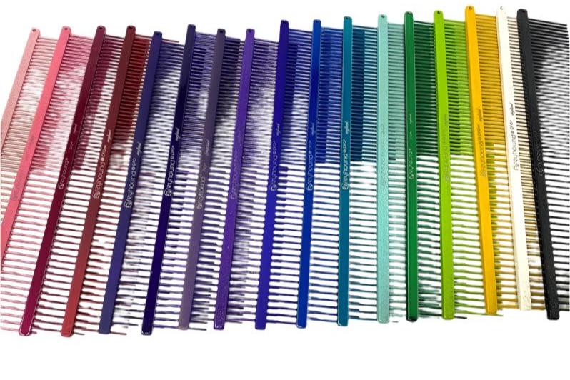 The patented Greyhound Comb Beauty Collection features a 7.6"L x 1.4"W fine to medium tine combination which gives superior styling control for all coat types. These versatile combs have been a staple of the pet grooming industry for over 100 years. Candy and Sparkle colored finish collections, all colors.