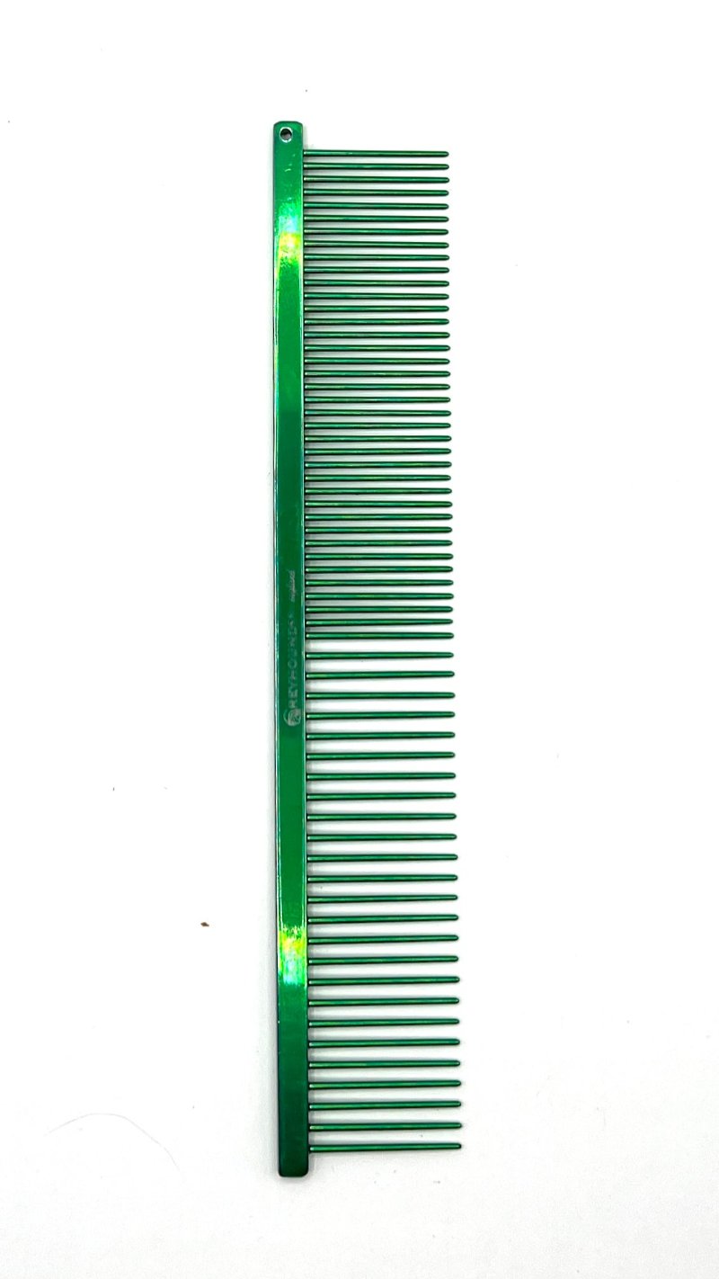 The patented Greyhound Comb Beauty Collection features a 7.6"L x 1.4"W fine to medium tine combination which gives superior styling control for all coat types. These versatile combs have been a staple of the pet grooming industry for over 100 years. Candy and Sparkle colored finish collections, all colors. Candy color collection. Green.