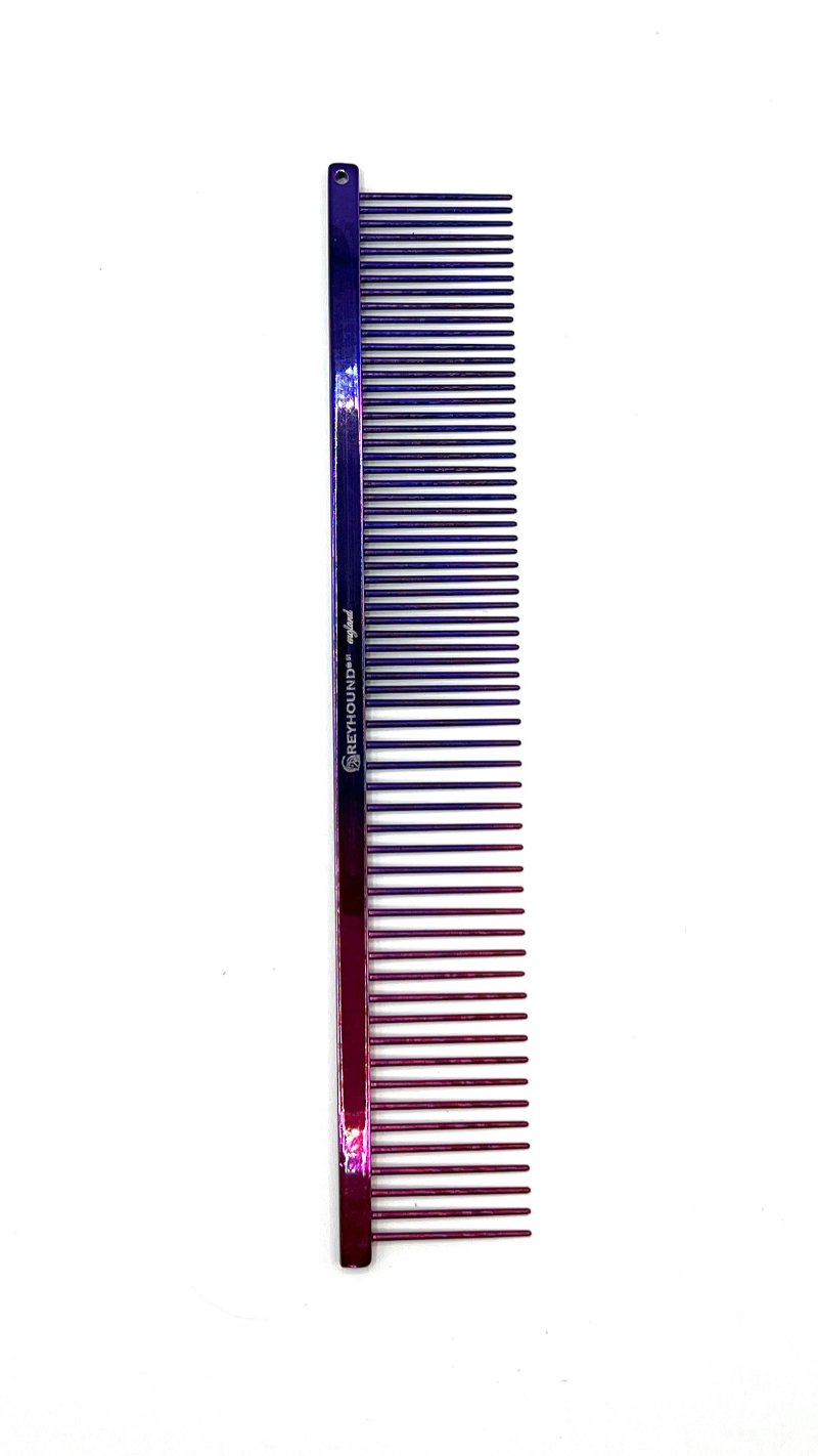 The patented Greyhound Comb Beauty Collection features a 7.6"L x 1.4"W fine to medium tine combination which gives superior styling control for all coat types. These versatile combs have been a staple of the pet grooming industry for over 100 years. 2-Tone color collection. Purple and Raspberry.