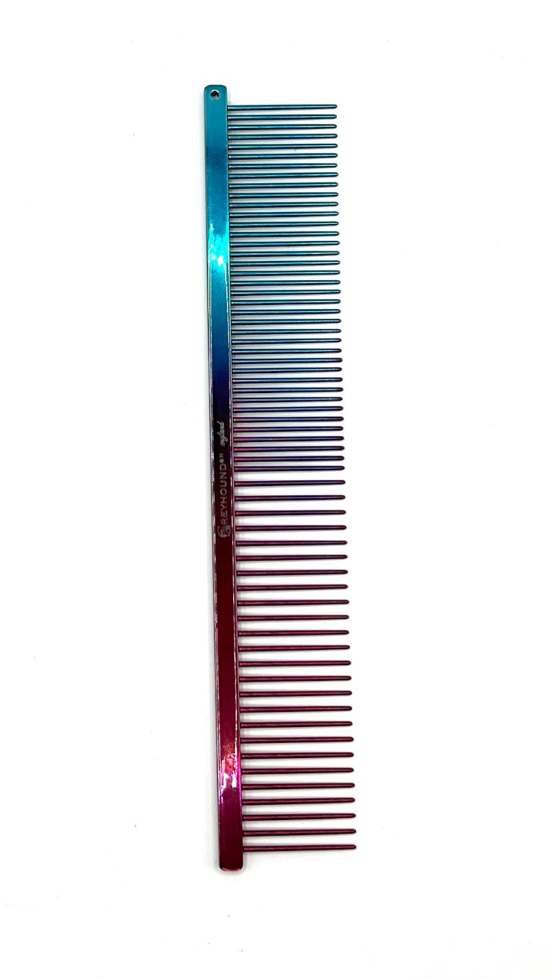 The patented Greyhound Comb Beauty Collection features a 7.6"L x 1.4"W fine to medium tine combination which gives superior styling control for all coat types. These versatile combs have been a staple of the pet grooming industry for over 100 years. 2-Tone color collection. Teal and Raspberry.