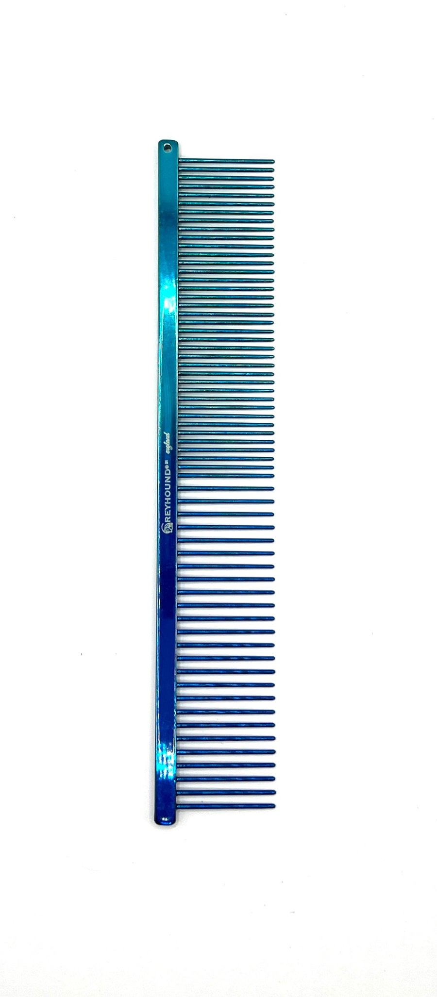 The patented Greyhound Comb Beauty Collection features a 7.6"L x 1.4"W fine to medium tine combination which gives superior styling control for all coat types. These versatile combs have been a staple of the pet grooming industry for over 100 years. 2-Tone color collection. Teal and blue.