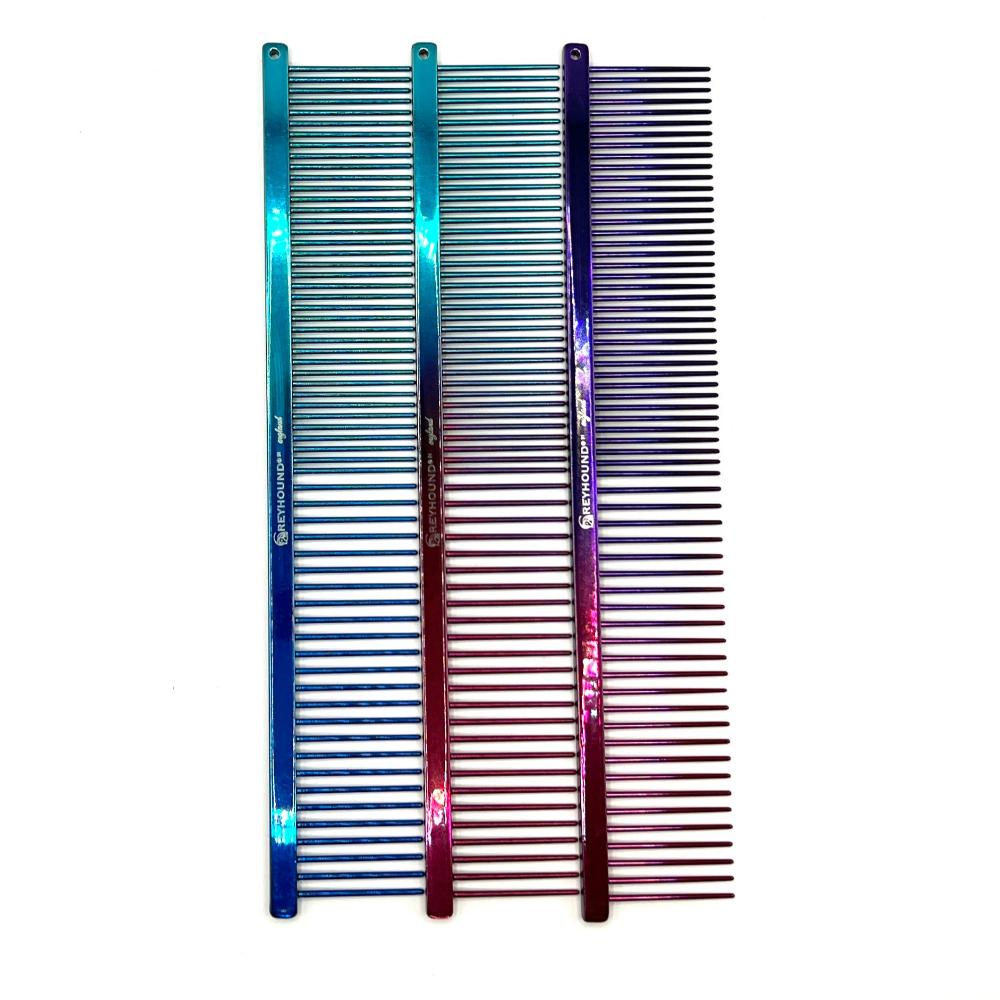 The patented Greyhound Comb Beauty Collection features a 7.6"L x 1.4"W fine to medium tine combination which gives superior styling control for all coat types. These versatile combs have been a staple of the pet grooming industry for over 100 years. Candy and Sparkle colored finish collections, all colors. 2-Tone color collections.