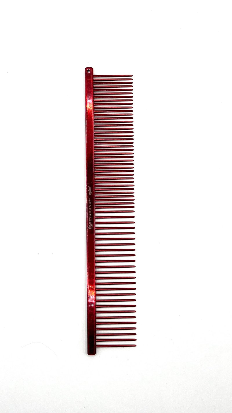 The patented Greyhound Comb Beauty Collection features a 7.6"L x 1.4"W fine to medium tine combination which gives superior styling control for all coat types. These versatile combs have been a staple of the pet grooming industry for over 100 years. Candy and Sparkle colored finish collections, all colors. Candy color collections, Red Candy.