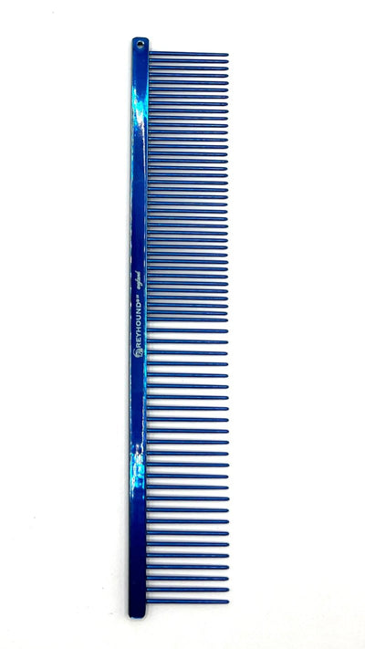 The patented Greyhound Comb Beauty Collection features a 7.6"L x 1.4"W fine to medium tine combination which gives superior styling control for all coat types. These versatile combs have been a staple of the pet grooming industry for over 100 years. Candy and Sparkle colored finish collections, all colors. Candy color collection. Blue.