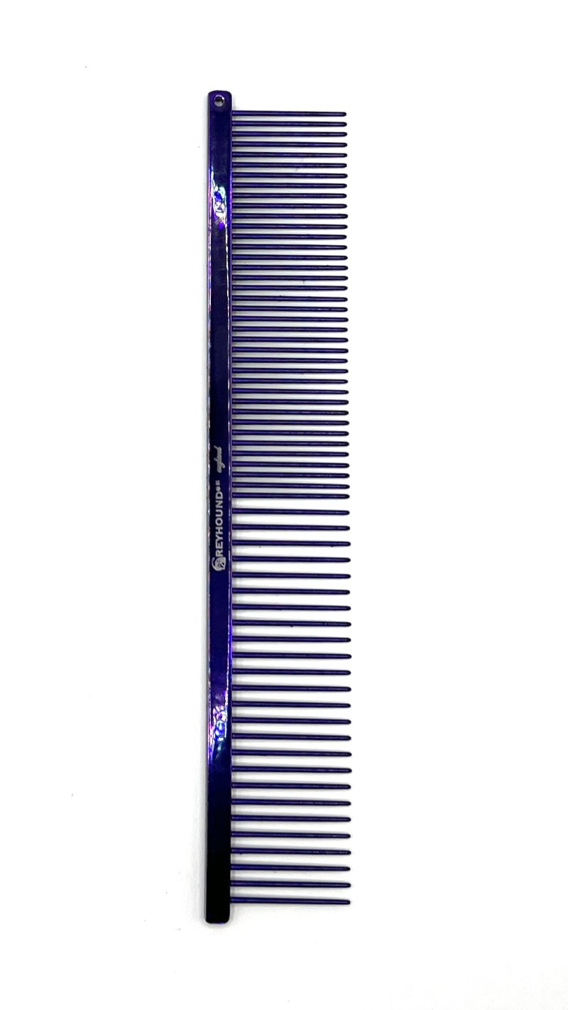 The patented Greyhound Comb Beauty Collection features a 7.6"L x 1.4"W fine to medium tine combination which gives superior styling control for all coat types. These versatile combs have been a staple of the pet grooming industry for over 100 years. Candy and Sparkle colored finish collections, all colors. Candy color collection. Purple.
