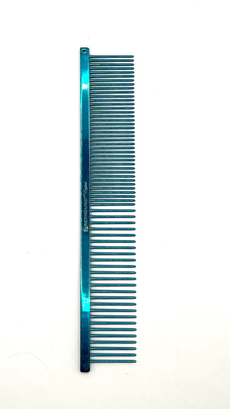 The patented Greyhound Comb Beauty Collection features a 7.6"L x 1.4"W fine to medium tine combination which gives superior styling control for all coat types. These versatile combs have been a staple of the pet grooming industry for over 100 years. Candy and Sparkle colored finish collections, all colors. Candy color collection. Teal.