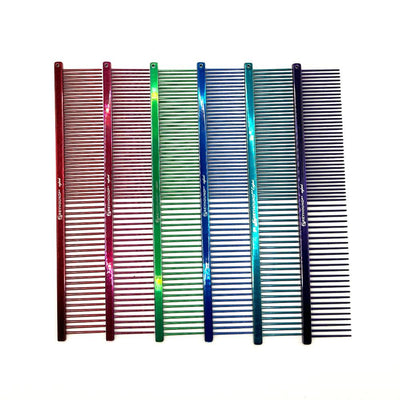 The patented Greyhound Comb Beauty Collection features a 7.6"L x 1.4"W fine to medium tine combination which gives superior styling control for all coat types. These versatile combs have been a staple of the pet grooming industry for over 100 years. Candy and Sparkle colored finish collections, all colors. Candy color collections, all colors.
