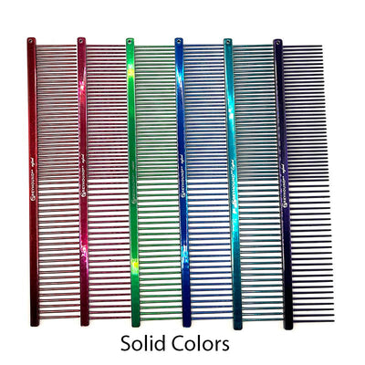 The patented Greyhound Comb Beauty Collection features a 7.6"L x 1.4"W fine to medium tine combination which gives superior styling control for all coat types. These versatile combs have been a staple of the pet grooming industry for over 100 years. Candy and Sparkle colored finish collections, all colors. Candy color collections, all colors.