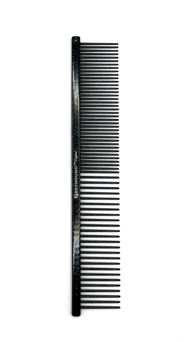 The patented Greyhound Comb Beauty Collection features a 7.6"L x 1.4"W fine to medium tine combination which gives superior styling control for all coat types. These versatile combs have been a staple of the pet grooming industry for over 100 years. Sparkle colored finish collection. Black.