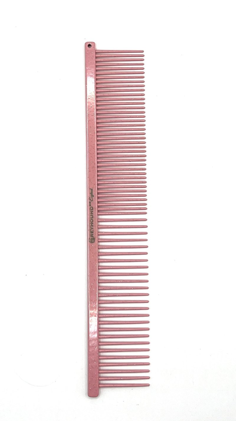 The patented Greyhound Comb Beauty Collection features a 7.6"L x 1.4"W fine to medium tine combination which gives superior styling control for all coat types. These versatile combs have been a staple of the pet grooming industry for over 100 years. Sparkle colored finish collection. Dior Pink.