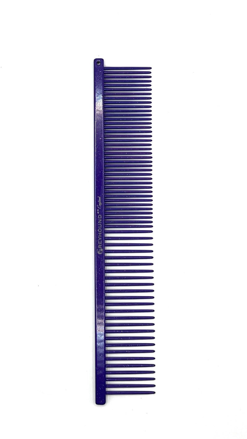 The patented Greyhound Comb Beauty Collection features a 7.6"L x 1.4"W fine to medium tine combination which gives superior styling control for all coat types. These versatile combs have been a staple of the pet grooming industry for over 100 years. Sparkle colored finish collection. Purple.