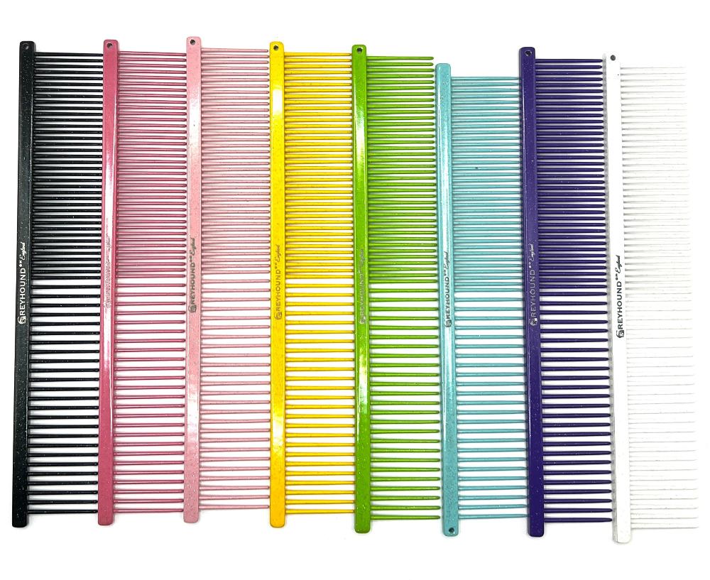 The patented Greyhound Comb Beauty Collection features a 7.6"L x 1.4"W fine to medium tine combination which gives superior styling control for all coat types. These versatile combs have been a staple of the pet grooming industry for over 100 years. Sparkle colored finish collections, all colors.