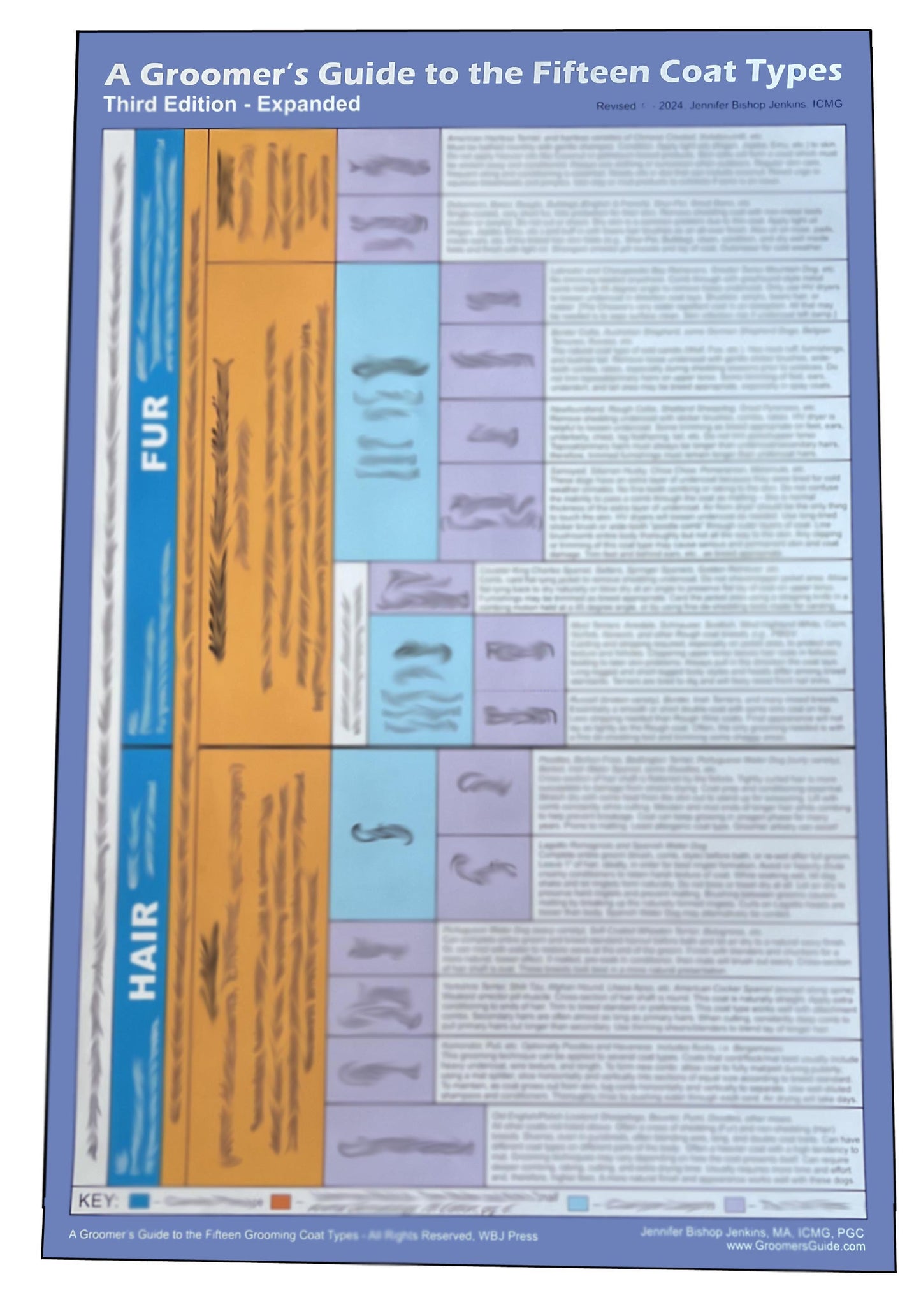The Groomer’s Guide 15 Coat Type updated third edition, 24" x 36" large poster, is a perfect reference for the professional pet groomer. This reference is the condensed highlighted information for the PGC recognized preparatory course “15 Coat Types ” Seminar and soon to be expanded Book researched and written by Jennifer Bischop-Jenkins, ICM.