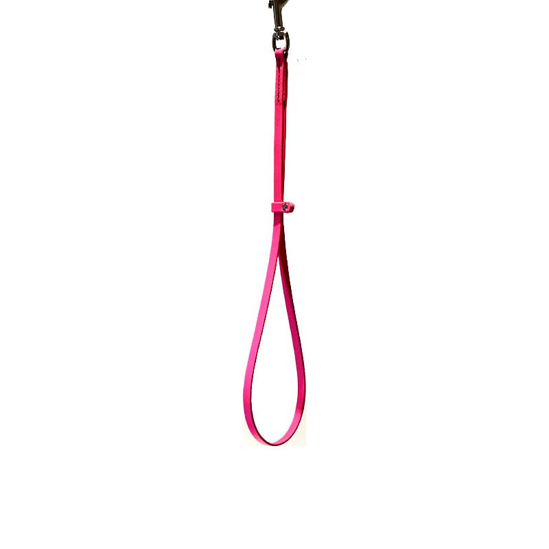 These patent pending grooming loops are 16" long and made from USA manufactured and produced heavy duty BioThane Beta 520. This durable, non-porous material is ideal for long lasting, odor free grooming equipment. The polyester nylon webbing core covered with a TPU coating, making it strong and flexible. Heavy stitching allows for the material to hold up to all types of tugging. Neon Pink.