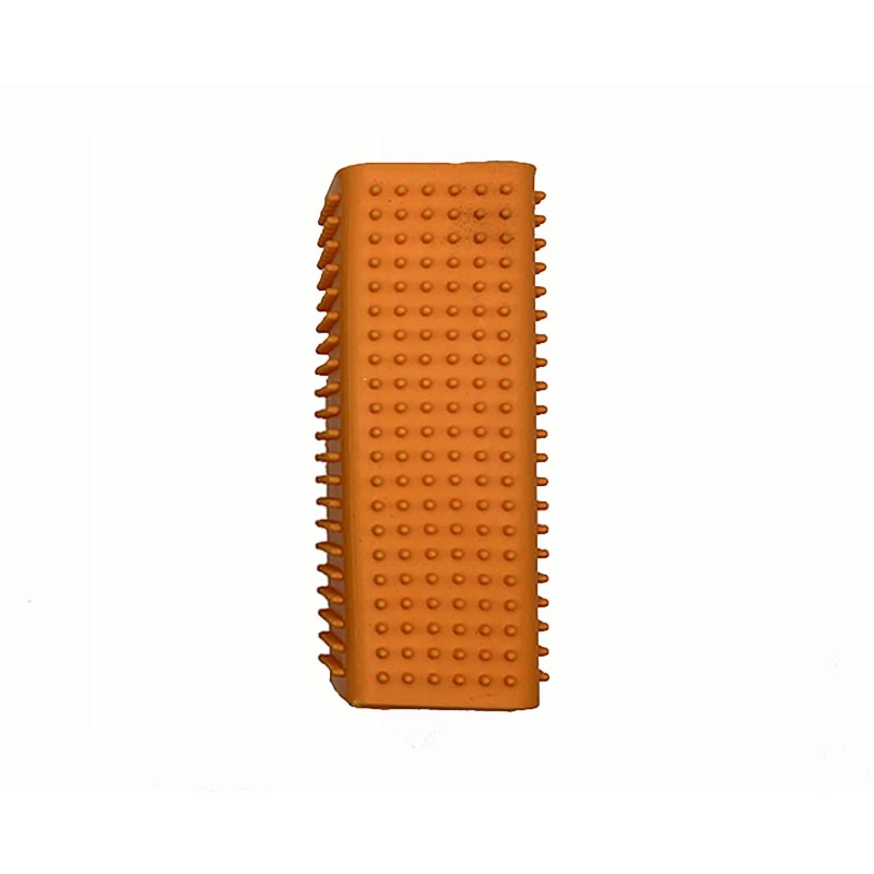 Our flexible hollow curry brush gently removes dead coat and dander while massaging the skin to stimulate natural oil production for a healthier shinier coat. Great for use on short to medium, double coats. Plus, this product also works great to remove pet coat that builds up on furniture or your cloths. It is easy to clean with soap and water, then tap off excess coat. Orange.